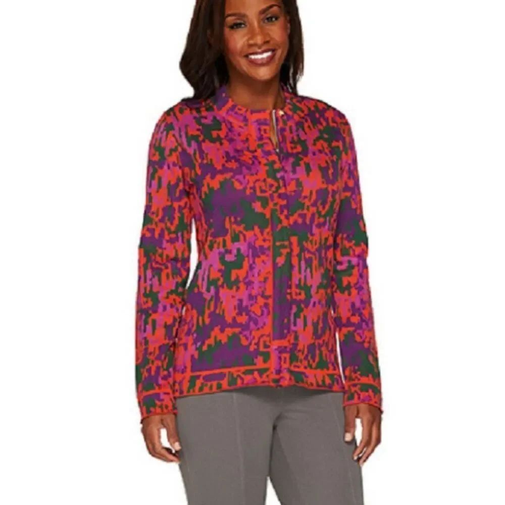 Isaac Mizrahi Pixel-Print Zip Cardigan - Pink, Purple, Green Zipper Colorful